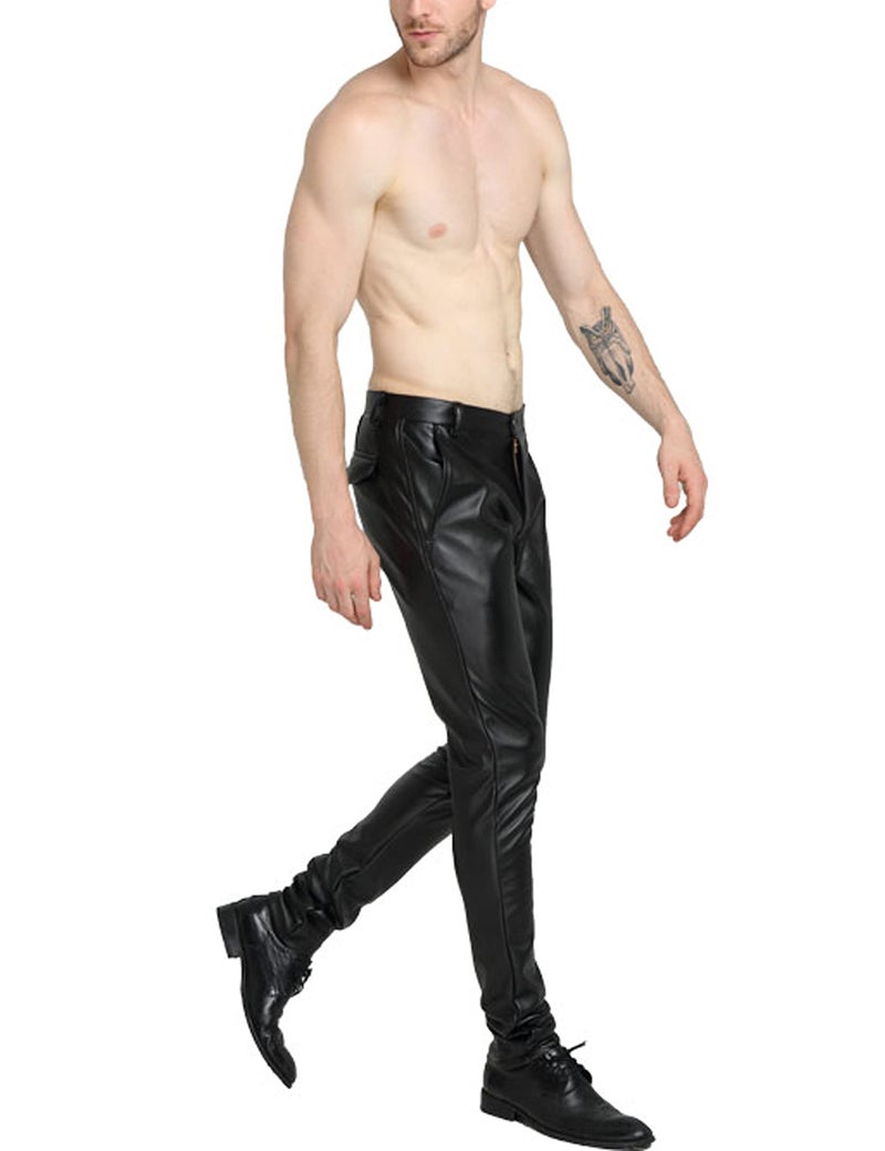 Yeokou Men's Skinny Straight Leg Tapered Pu Faux Leather Motorcycle Biker Pants (30, Black) - Image 3